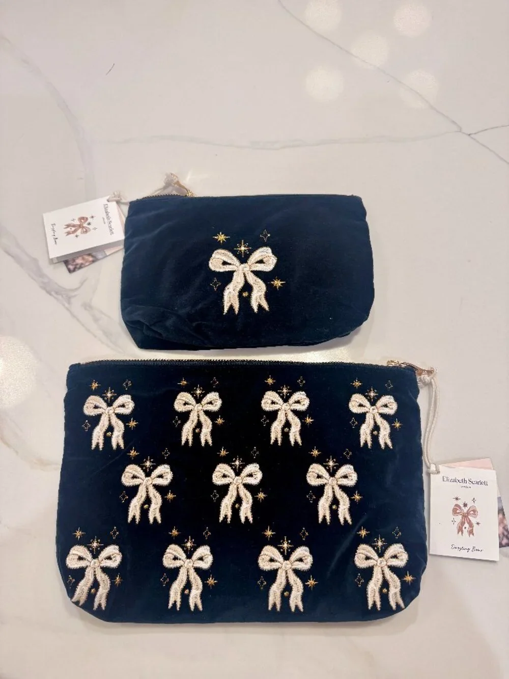 NWT Elizabeth Scarlett Velvet Dazzling Bows Everyday Pouch and Mini Pouch Set